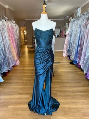 Strapless hunter green Beaded Satin Evening Gown